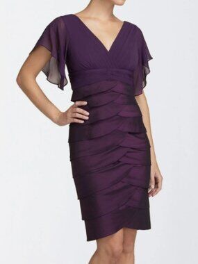 Adrianna Papell Cocktail Dress Shutter Pleat Purple Flutter Sleeve Women 10 Silk